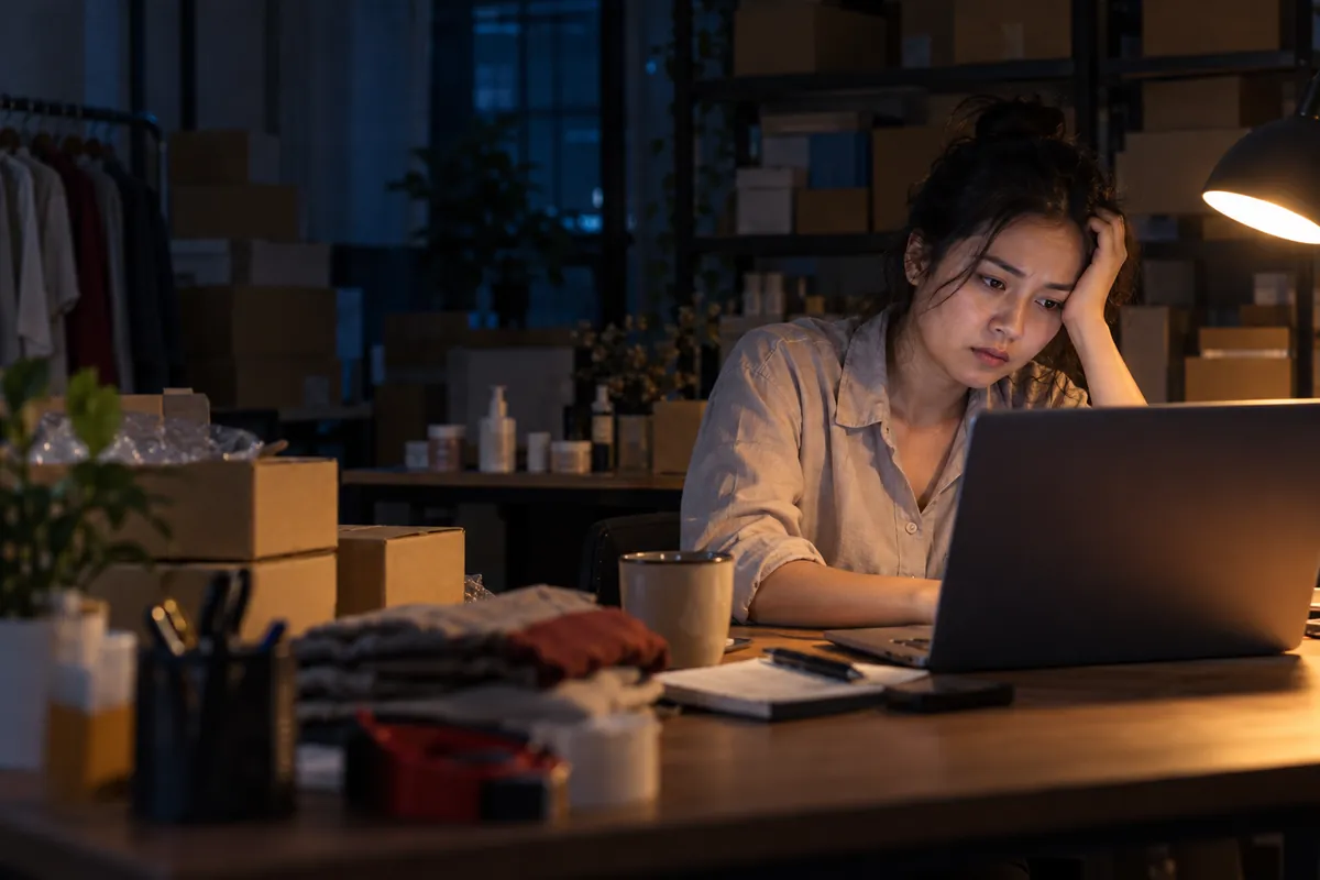 Người bán hàng ngồi trước laptop lúc đêm khuya giữa những thùng hàng