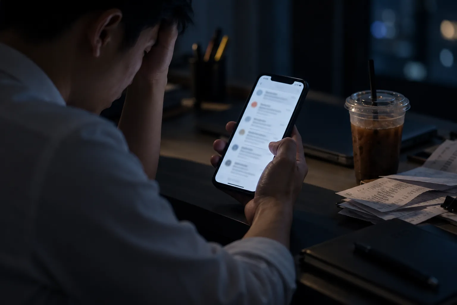 Bàn tay cầm điện thoại đọc email trong phòng tối