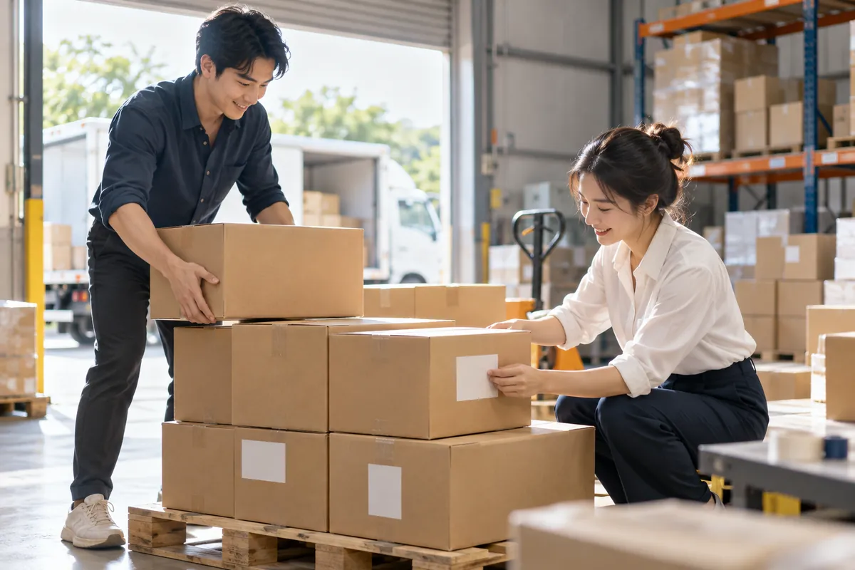 Hai người bán hàng vui vẻ chuẩn bị lô hàng mới